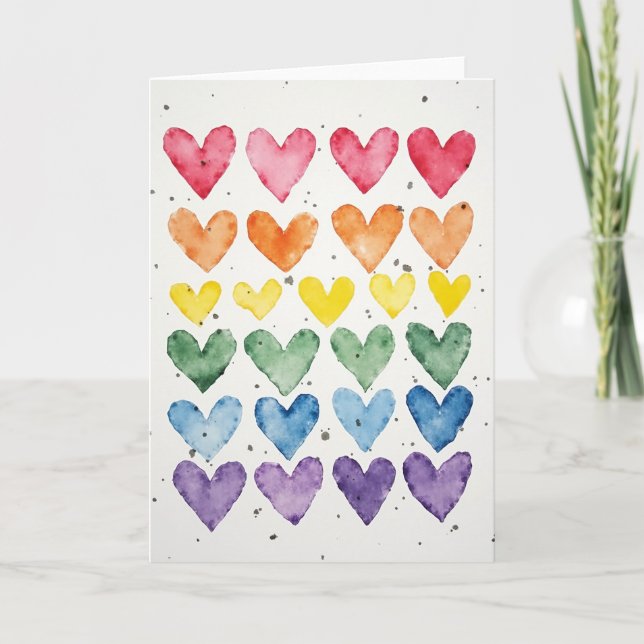 Rainbow Watercolor Hearts Greeting Card (Front)