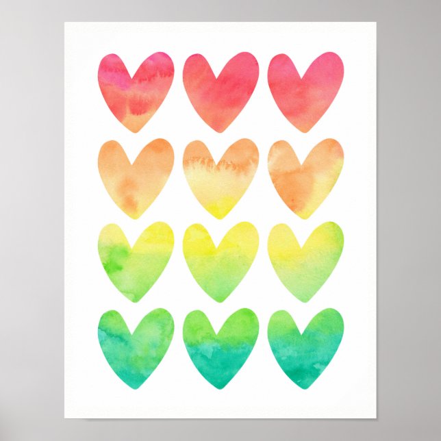 Rainbow watercolor hearts kids poster print (Front)