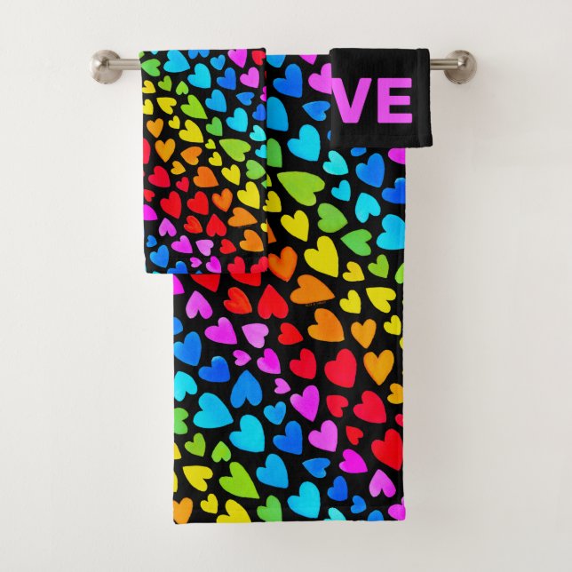 Rainbow Watercolor Hearts Pattern Bath Towel Set (Insitu)