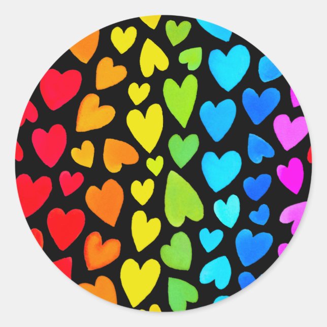 Rainbow Watercolor Hearts Pattern Classic Round Sticker (Front)