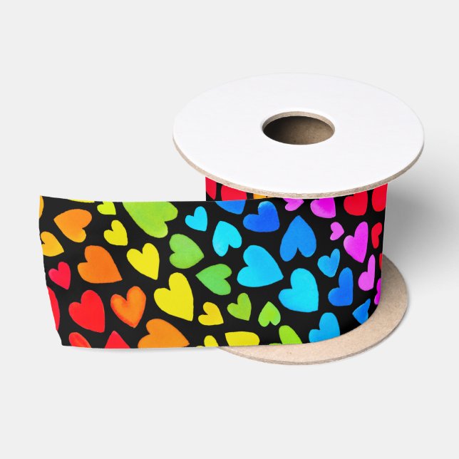 Rainbow Watercolor Hearts Pattern Satin Ribbon (Spool)