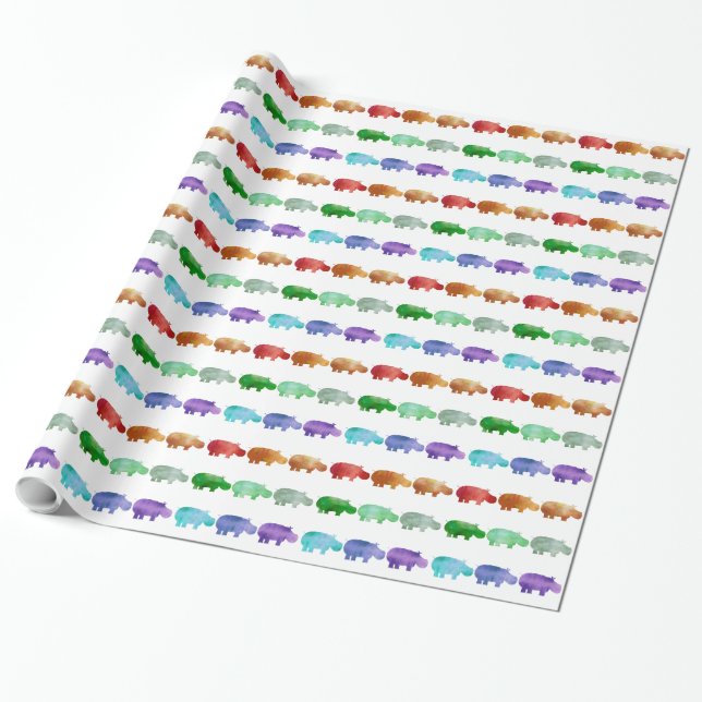 Rainbow Watercolor Hippo Wrapping Paper, Glossy Paper (Unrolled)