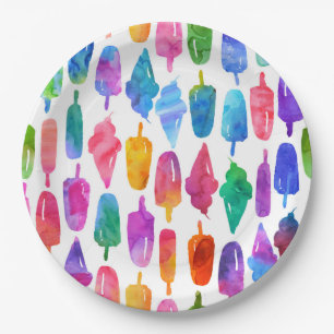 Rainbow Watercolor Ice Cream Ice Pops Pattern Paper Plate