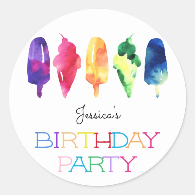 Rainbow Watercolor Ice Cream Popsicle Birthday Classic Round Sticker (Front)