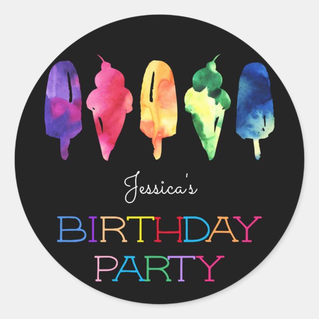 Rainbow Watercolor Ice Cream Popsicle Birthday Classic Round Sticker (Front)