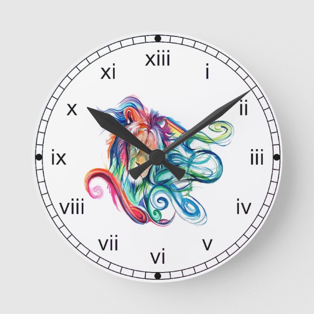 Rainbow Watercolor Lion Round Clock (Front)