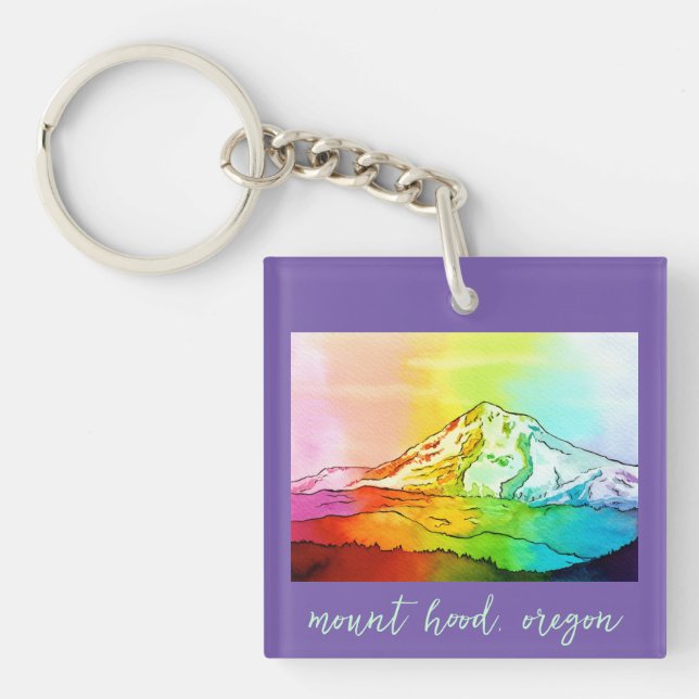 Rainbow Watercolor Mount Hood Keychain (Front)