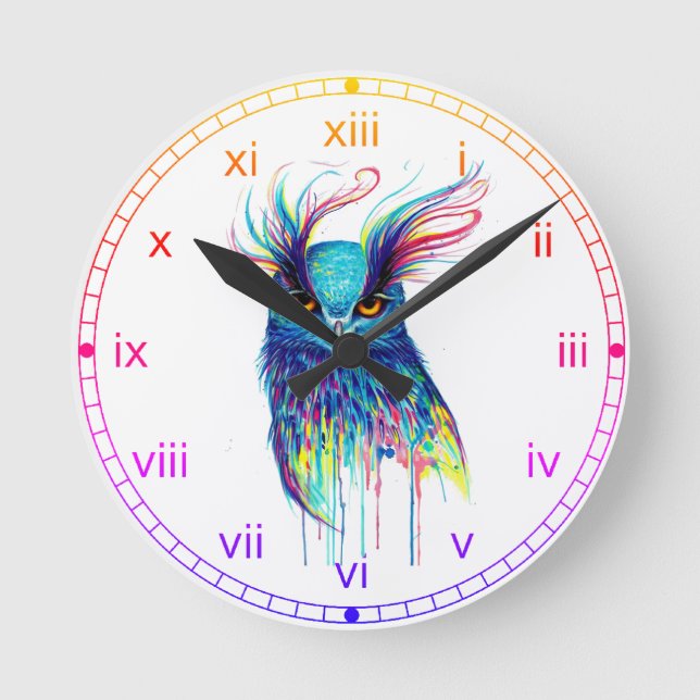 Rainbow watercolor Owl with a pink&yellow Round Clock (Front)