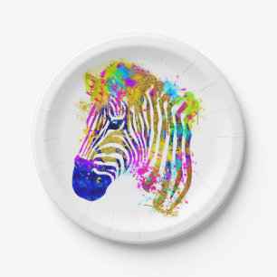 Rainbow Watercolor Paint Splatter Zebra Graphic Paper Plate