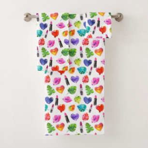 Rainbow watercolor palm leaves pin kiss lipsticks bath towel set