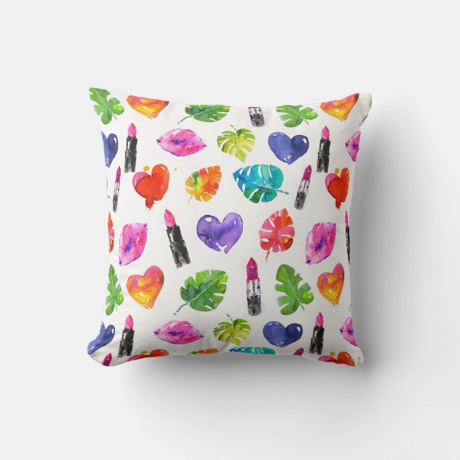Rainbow watercolor palm leaves pin kiss lipsticks throw pillow (Front)