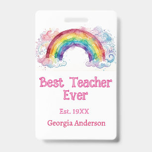 rainbow watercolor pastel best teacher ever est badge