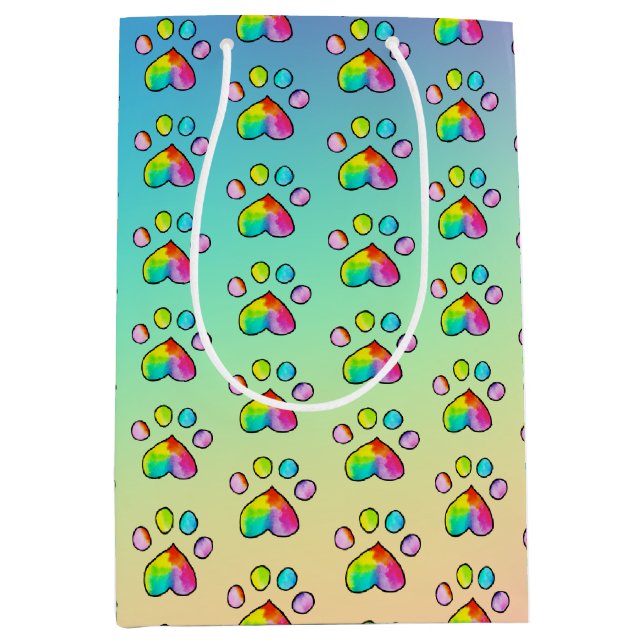 Rainbow Watercolor Paw Print Birthday Party Medium Gift Bag (Front)