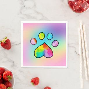 Rainbow Watercolor Paw Print Birthday Party Napkin