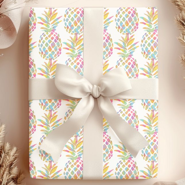Rainbow Watercolor Pineapple Tropical Pattern Wrapping Paper (Creator Uploaded)