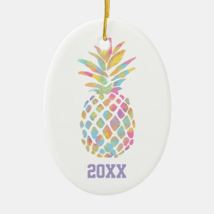 Rainbow Watercolor Pineapple Tropical Personalized Ceramic Ornament