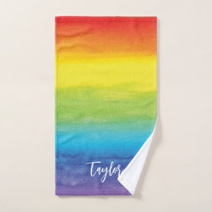 Rainbow Watercolor Purple Red Modern Name Hand Towel