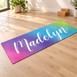 Rainbow Watercolor Script Monogram Name Yoga Mat