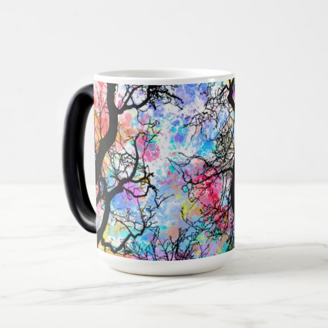 Rainbow watercolor sky, black silhouette trees magic mug (Front Left)