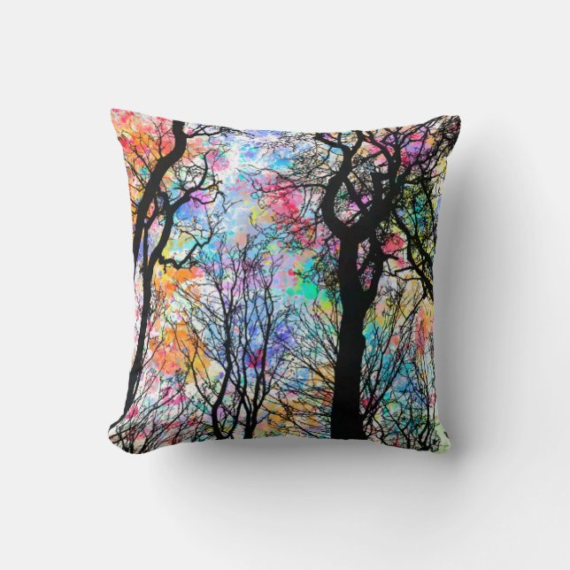 Rainbow watercolor sky, black silhouette trees throw pillow (Front)