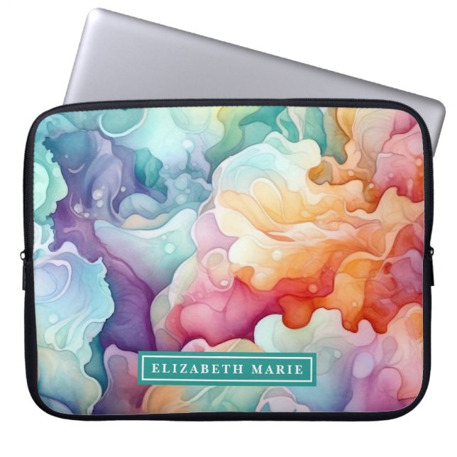 Rainbow Watercolor Splash Name Template Laptop Sleeve (Front)