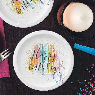 Rainbow Watercolor Stripes and Paint Splatters Paper Plate
