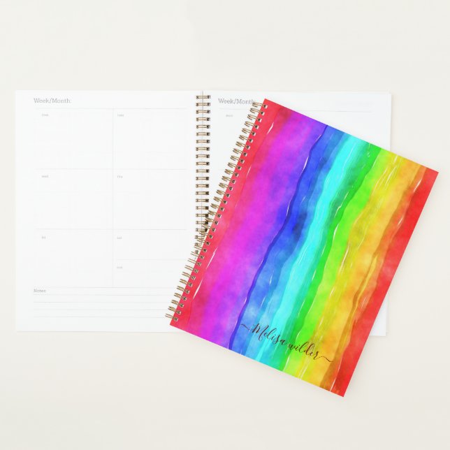 Rainbow Watercolor Stripes Design Monogramme Plann (Devant avec enveloppe)