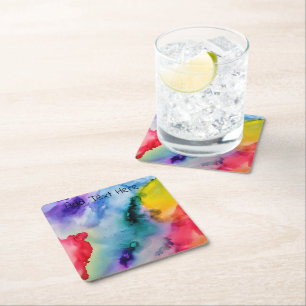 Rainbow Watercolor Textured Square Paper Coaster
