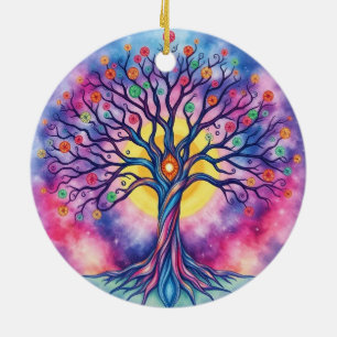 Rainbow Watercolor Tree of Life Ceramic Ornament