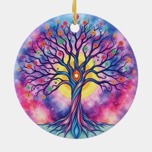 Rainbow Watercolor Tree of Life  Ceramic Ornament (Back)