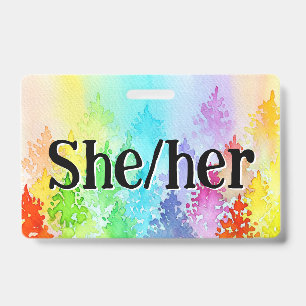 Rainbow Watercolor Trees Pronouns Badge