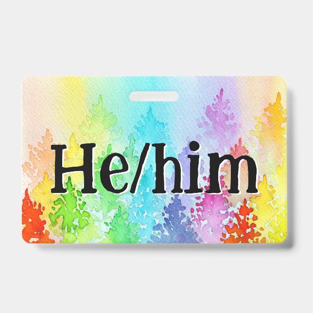 Rainbow Watercolor Trees Pronouns Badge (Front)
