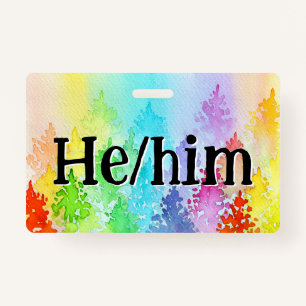 Rainbow Watercolor Trees Pronouns Badge