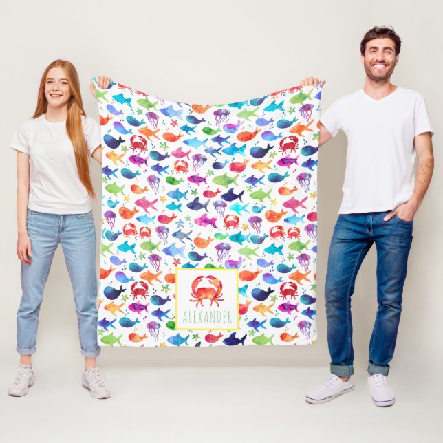 Rainbow Watercolor Under The Sea Crab Personalized Fleece Blanket (In Situ)