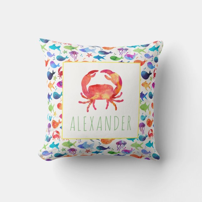 Rainbow Watercolor Under The Sea Crab Personalized Throw Pillow (Front)