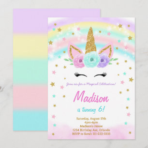 Rainbow Watercolor Unicorn Invitation d'anniversai
