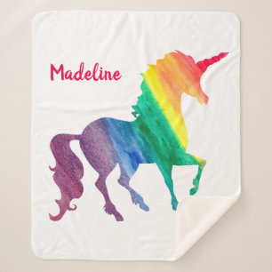Rainbow Watercolor Unicorn Silhouette Girls Sherpa Blanket