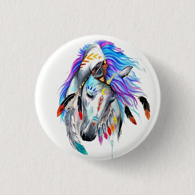 Rainbow watercolor war horse 1 inch round button (Front)