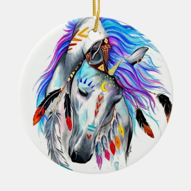 Rainbow watercolor war horse ceramic ornament (Front)