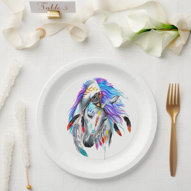 Rainbow watercolor war horse paper plate (Wedding)