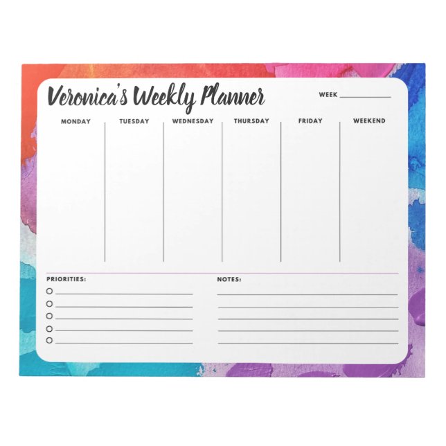 Rainbow Watercolor Weekly To Do List Notepad (Front)