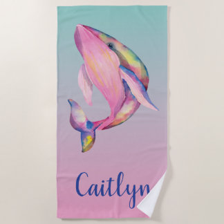 Rainbow Watercolor Whale Beach Towel