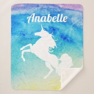 Rainbow Watercolor & White Unicorn   Personalized Sherpa Blanket