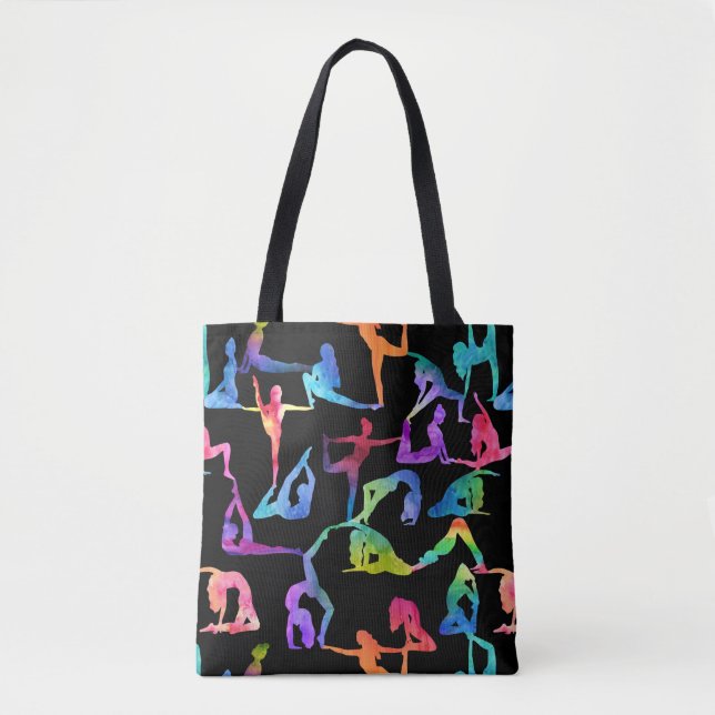 Rainbow Watercolor Yoga Poses Tote Bag (Front)
