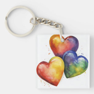 Rainbow Watercolour Hearts Digital Art Keychain