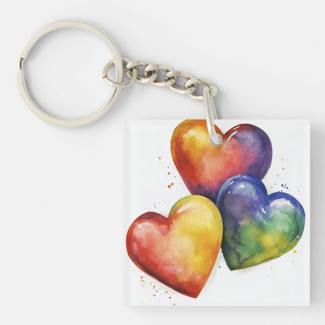 Rainbow Watercolour Hearts Digital Art Keychain (Front)