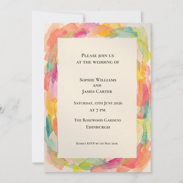 Rainbow Watercolour Wedding Invitation (Front)