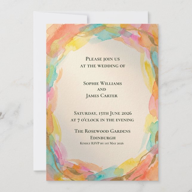 Rainbow Watercolour Wreath Wedding Invitation (Front)