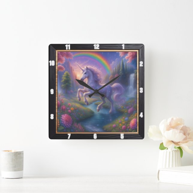  Rainbow Waterfall Dreamy Unicorn Square Wall Clock (Home)