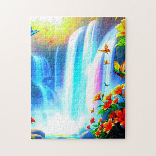Rainbow Waterfall with Bird and Butterflies Jigsaw Puzzle (Vertical)